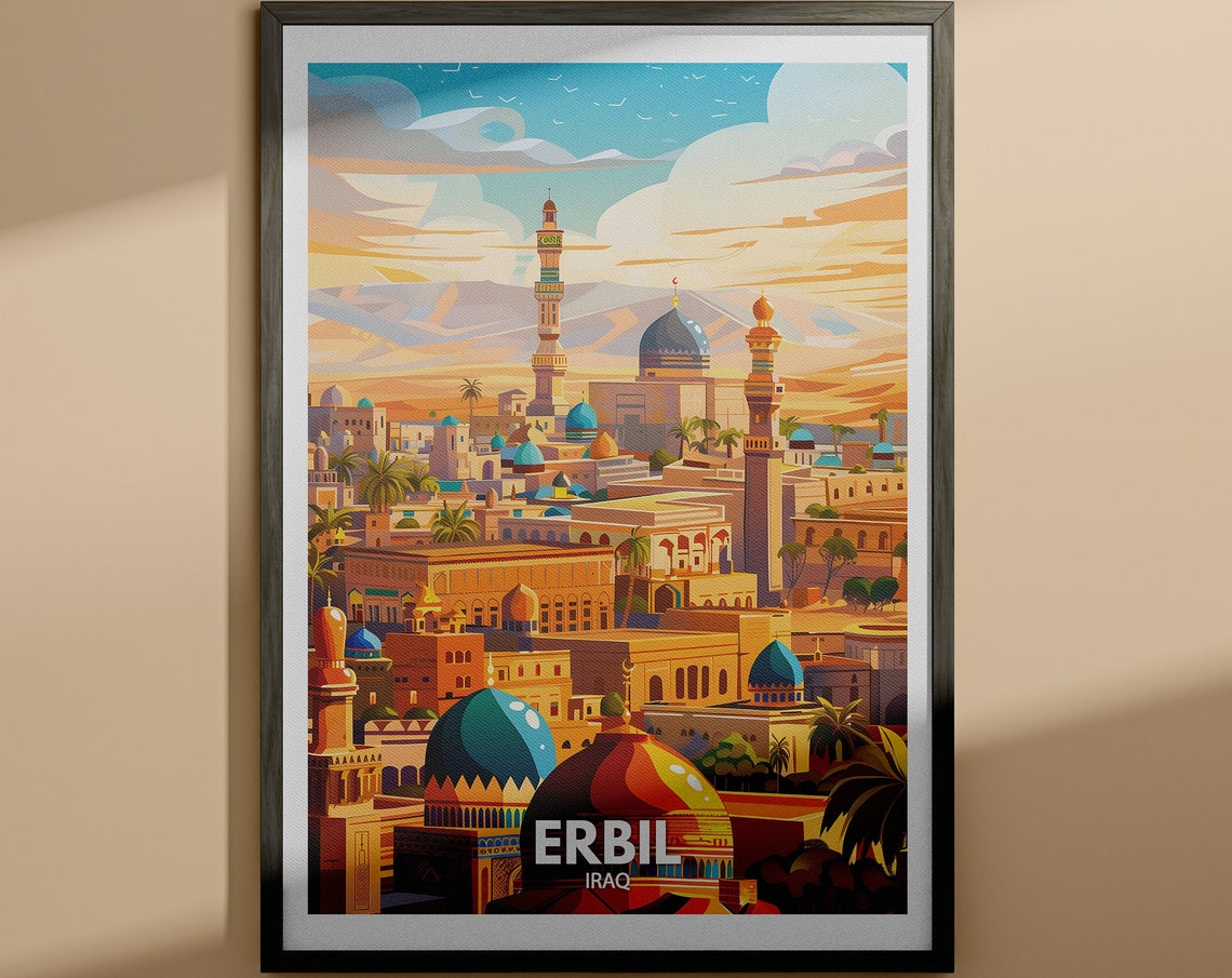 Erbil Iraq Ancient Citadel Mosque Skyline Vintage Travel Poster
