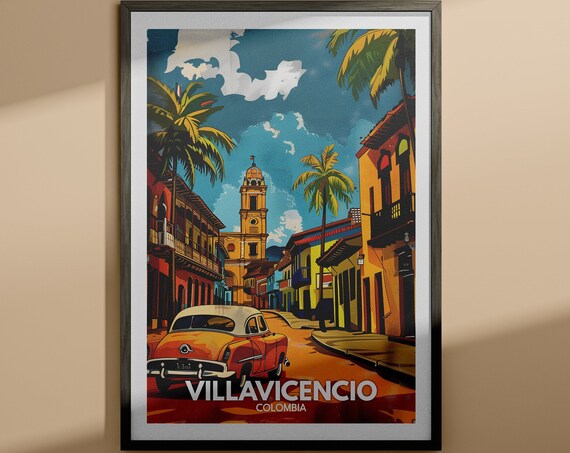 Villavicencio Colombia Colonial Street Classic Car Church Travel Poster