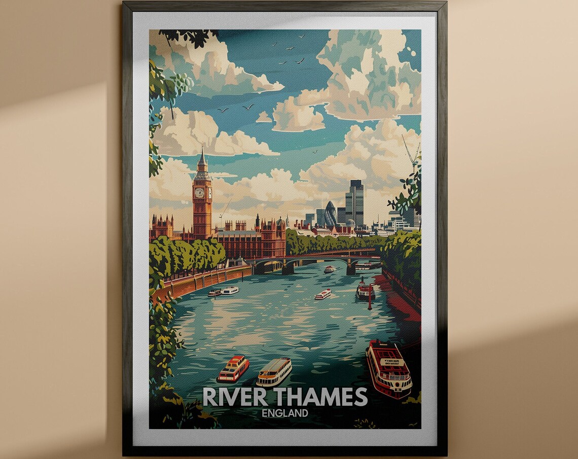 River Thames England Big Ben City Skyline Vintage Travel Poster
