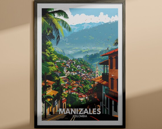 Manizales Colombia Hillside Red Roofs Mountain View Travel Poster