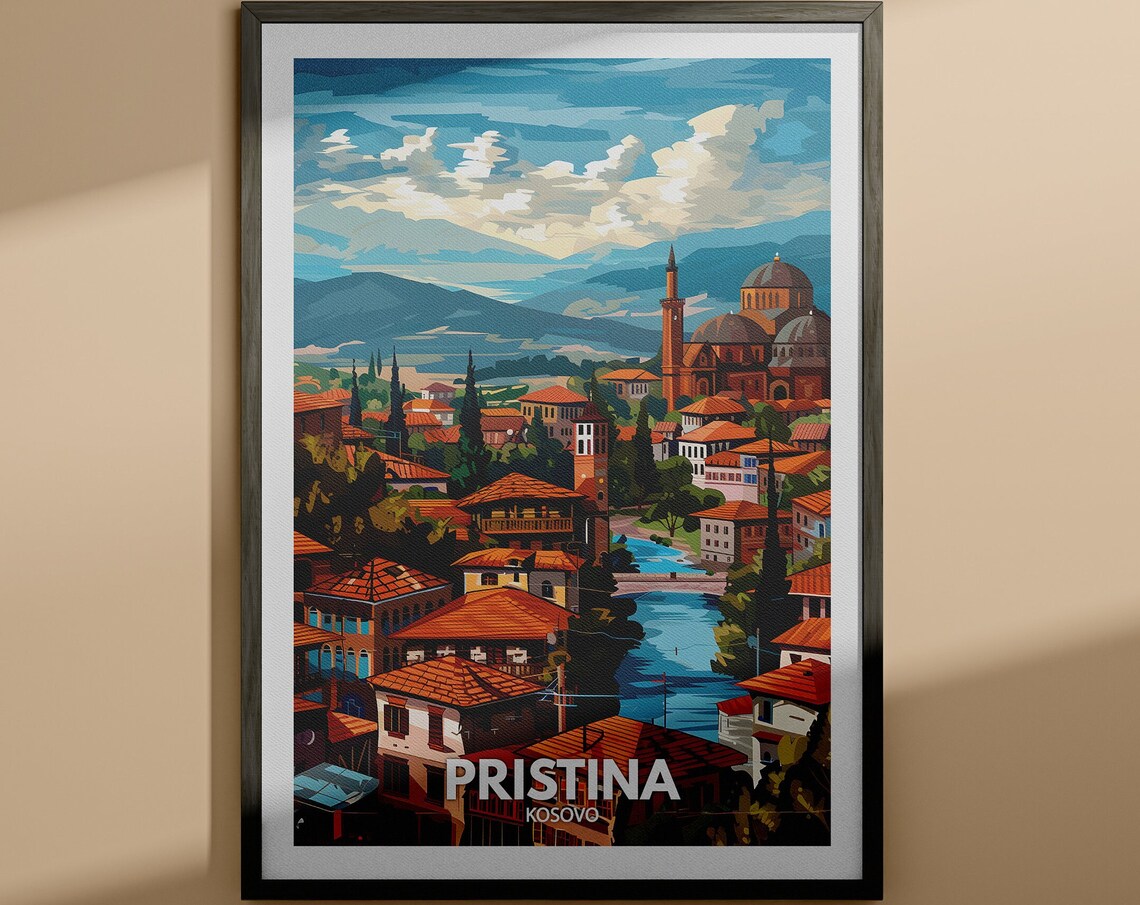 Pristina Kosovo Old Town Mosque Mountain Scenic Travel Poster