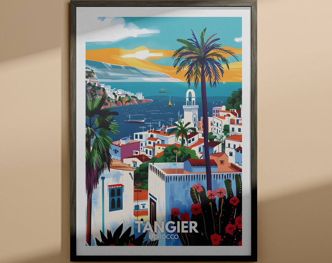 Tangier Morocco City Whitewashed Rooftops Bay Palm Travel Poster