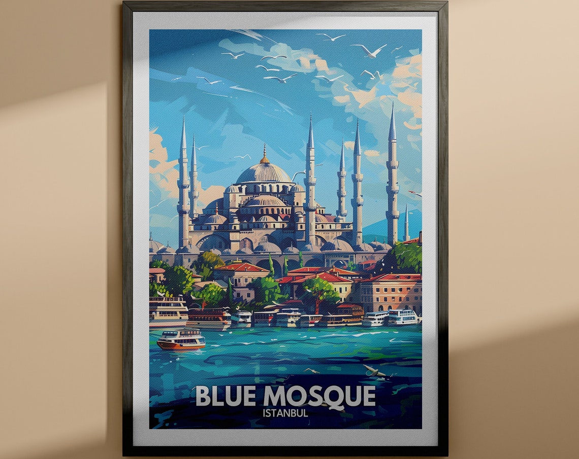 Blue Mosque Istanbul Six Minarets Waterfront Vintage Travel Poster