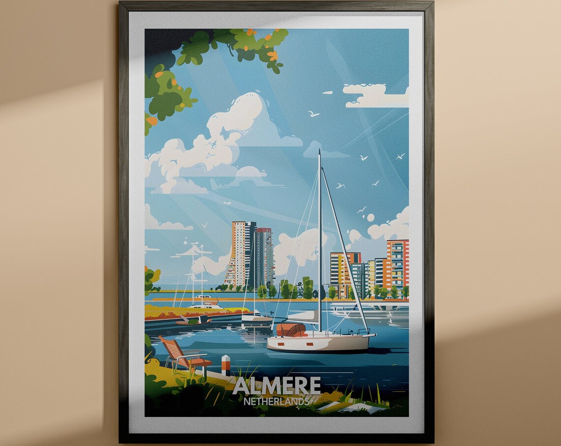 Almere Netherlands Marina Sailboat Harbor Vintage Travel Poster