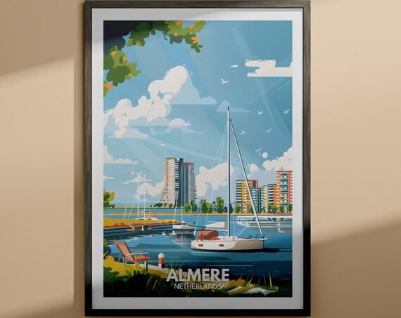 Almere Netherlands Marina Sailboat Harbor Vintage Travel Poster