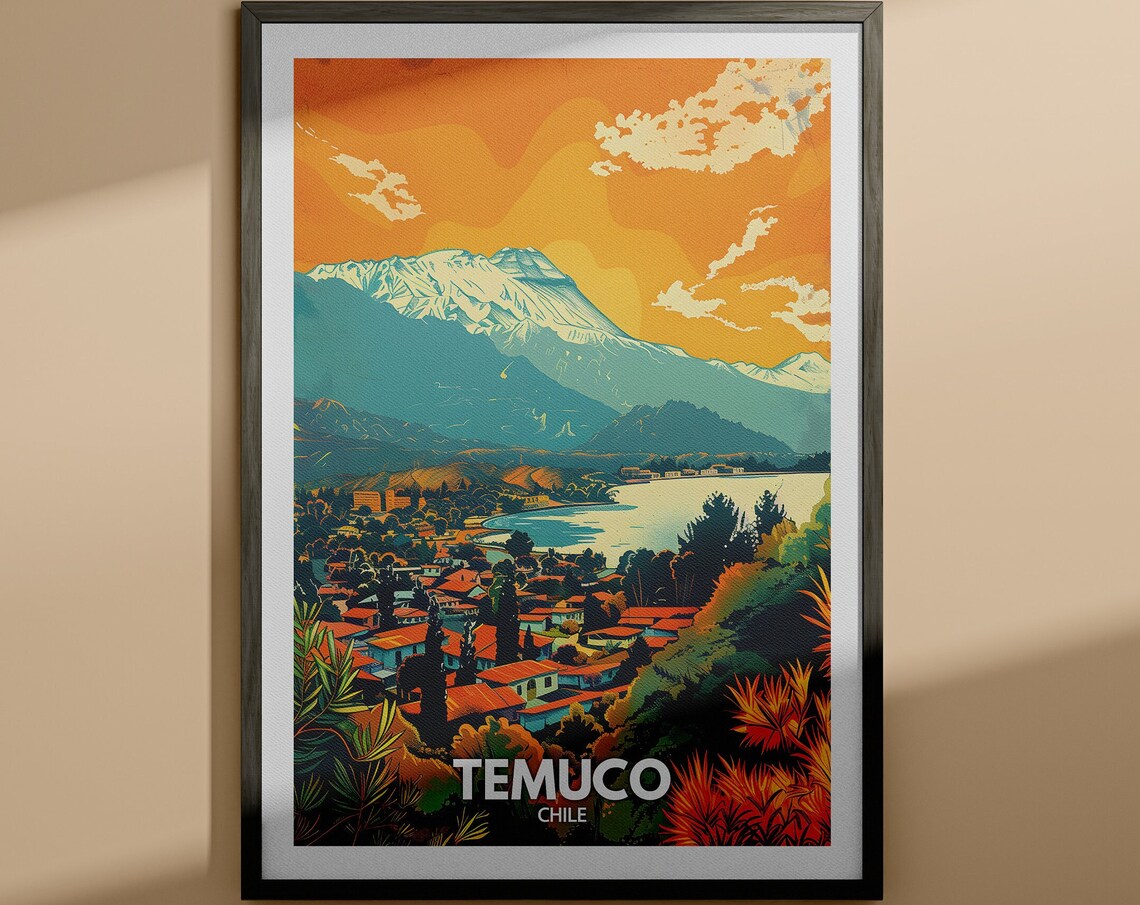 Temuco Chile Snowcapped Volcano Lake Town Vintage Travel Poster