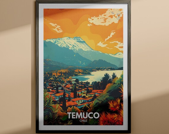 Temuco Chile Snowcapped Volcano Lake Town Vintage Travel Poster