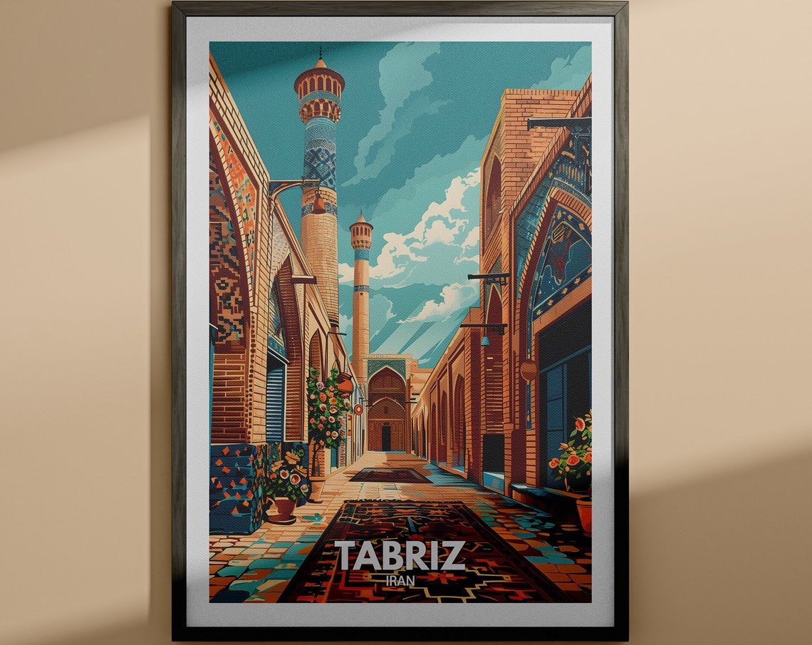 Tabriz Iran Historic Blue Tile Mosque Minarets Travel Poster
