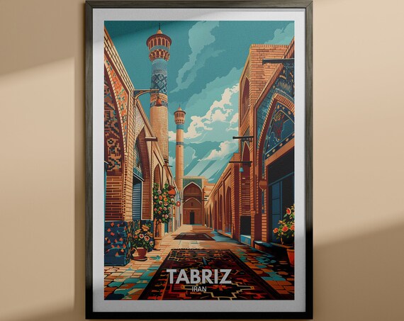 Tabriz Iran Historic Blue Tile Mosque Minarets Travel Poster