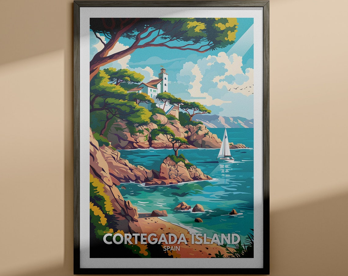 Cortegada Island Spain Lighthouse Cove Sailboat Retro Travel Poster