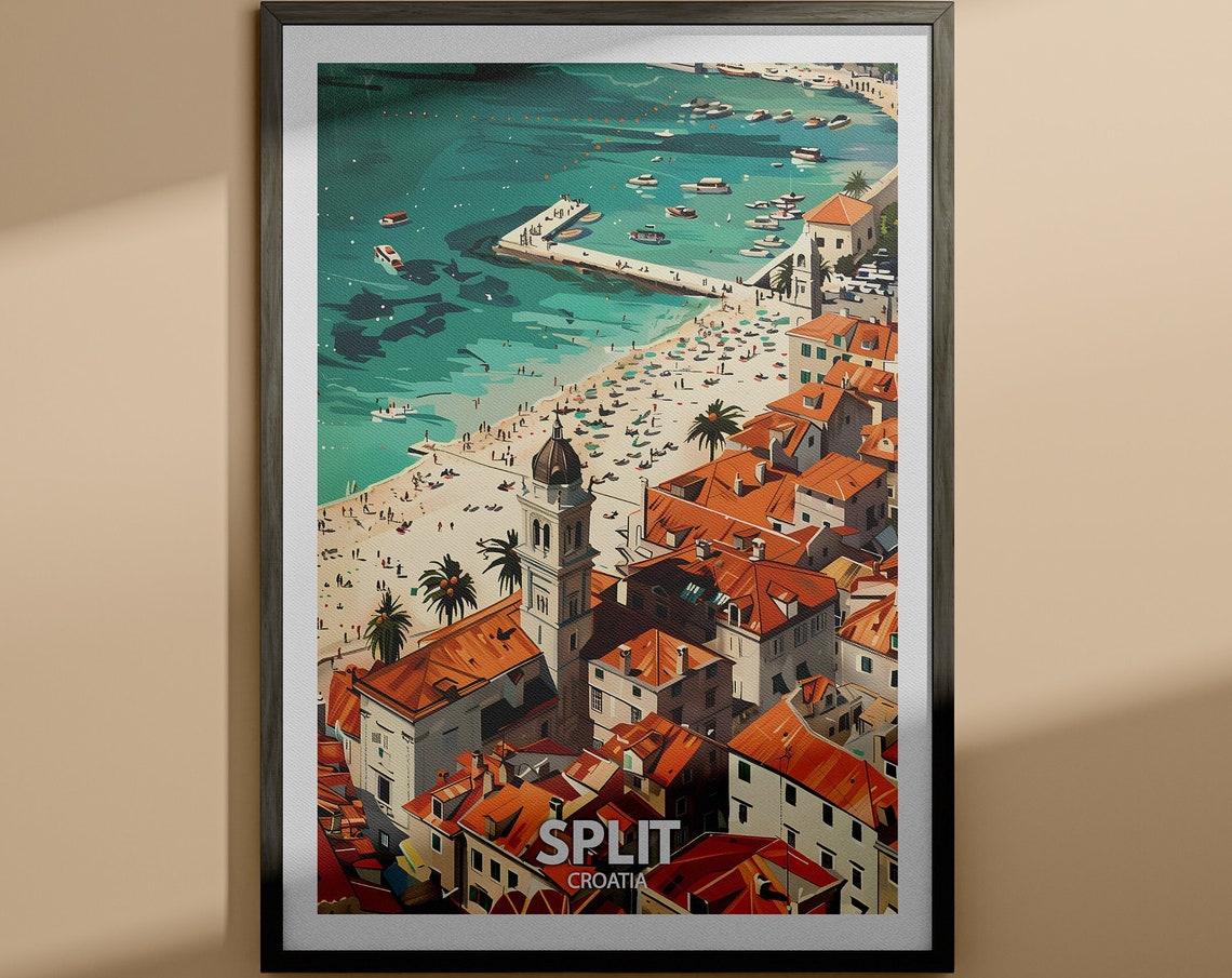 Split Croatia Old Town Aerial View Red Roofs Beach Travel Poster