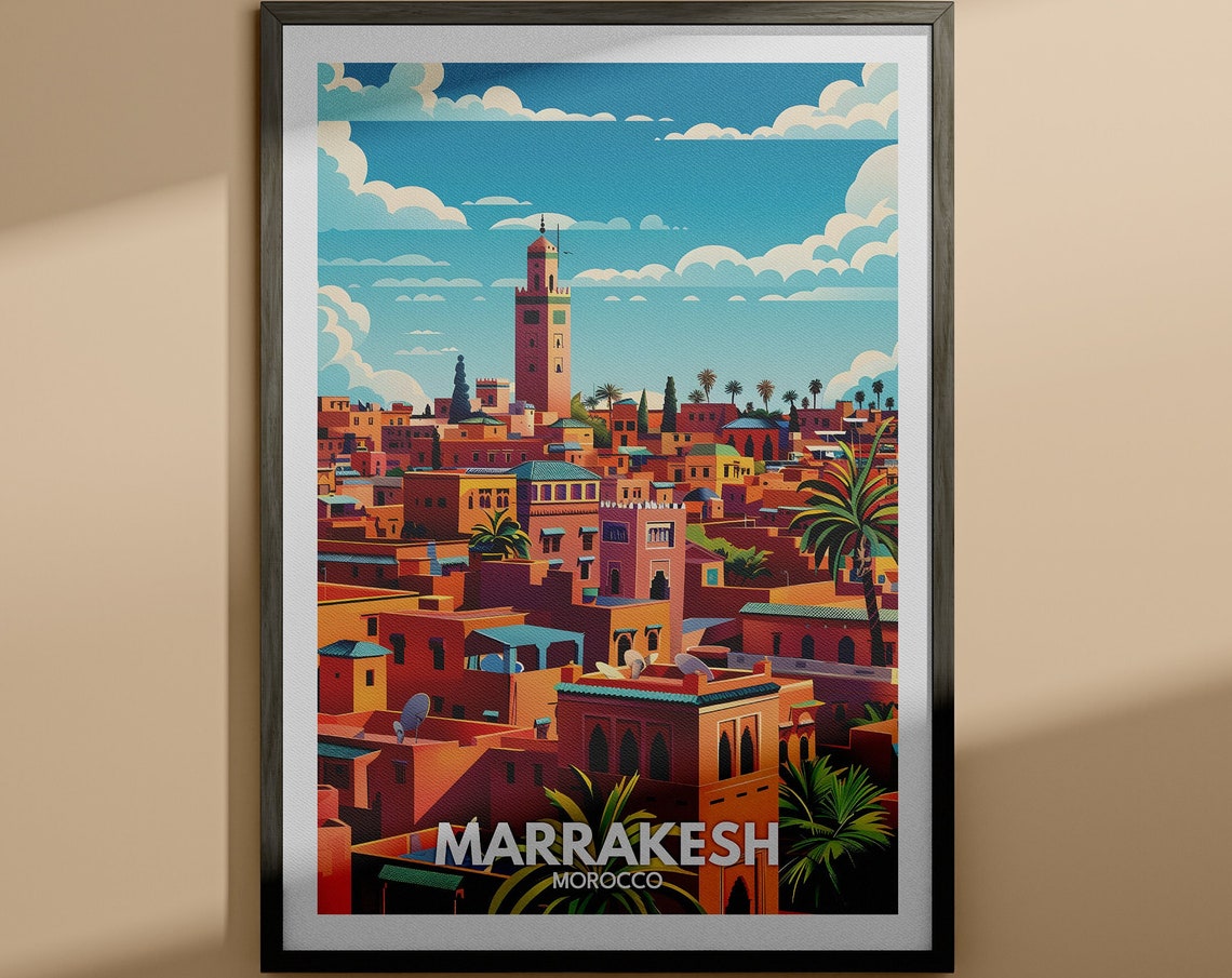 Marrakesh Morocco Red City Minaret Rooftops Vintage Travel Poster