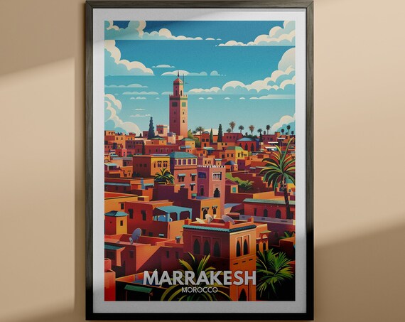 Marrakesh Morocco Red City Minaret Rooftops Vintage Travel Poster