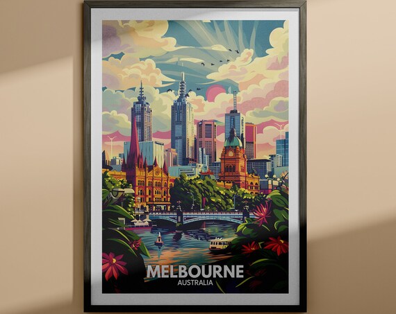 Melbourne Australia Yarra River Skyline Sunset Vintage Poster