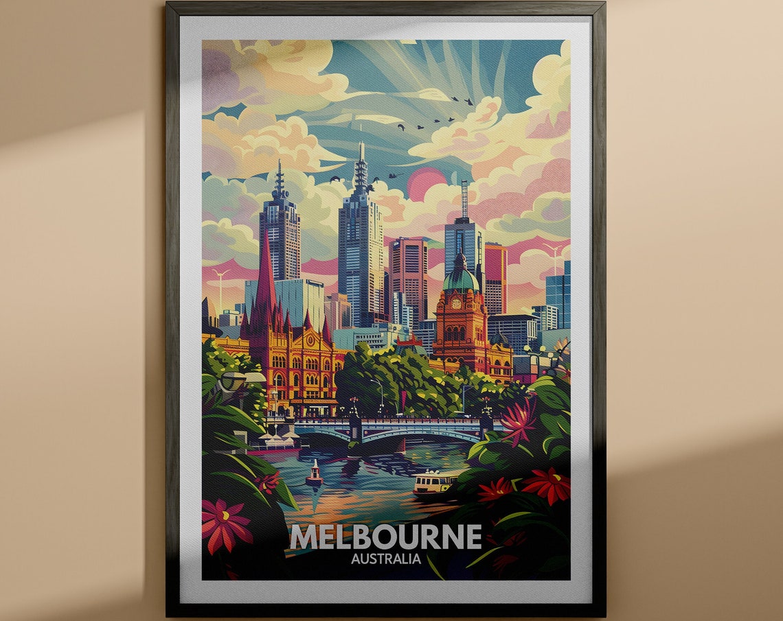 Melbourne Australia Yarra River Skyline Sunset Vintage Poster