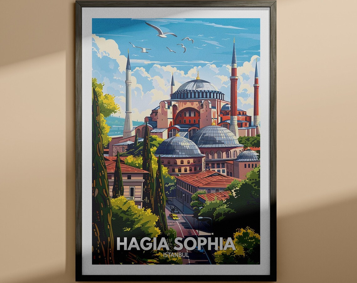Hagia Sophia Istanbul Blue Sky Domes Minarets Vintage Travel Poster