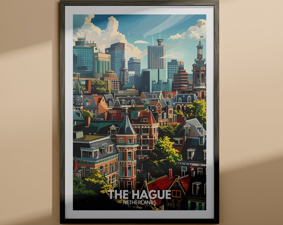 The Hague Netherlands Old Town City Skyline Vintage Travel Poster