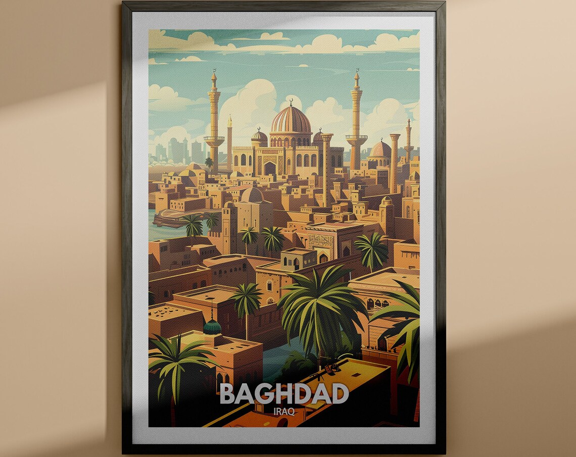 Baghdad Iraq Mosques Minarets Palm Trees Vintage Travel Poster