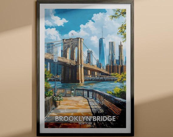 Brooklyn Bridge New York Manhattan Skyline Riverside Walk Travel Poster