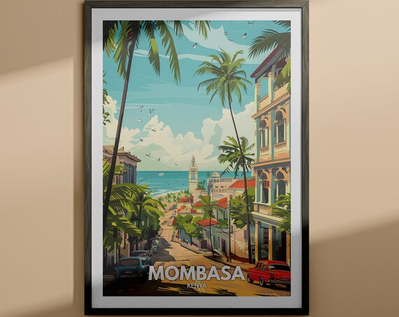 Mombasa Kenya Palm Lined Street Vintage Style Tropical Travel Poster