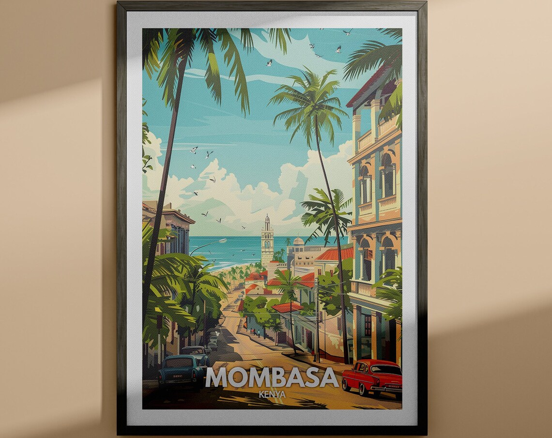 Mombasa Kenya Palm Lined Street Vintage Style Tropical Travel Poster