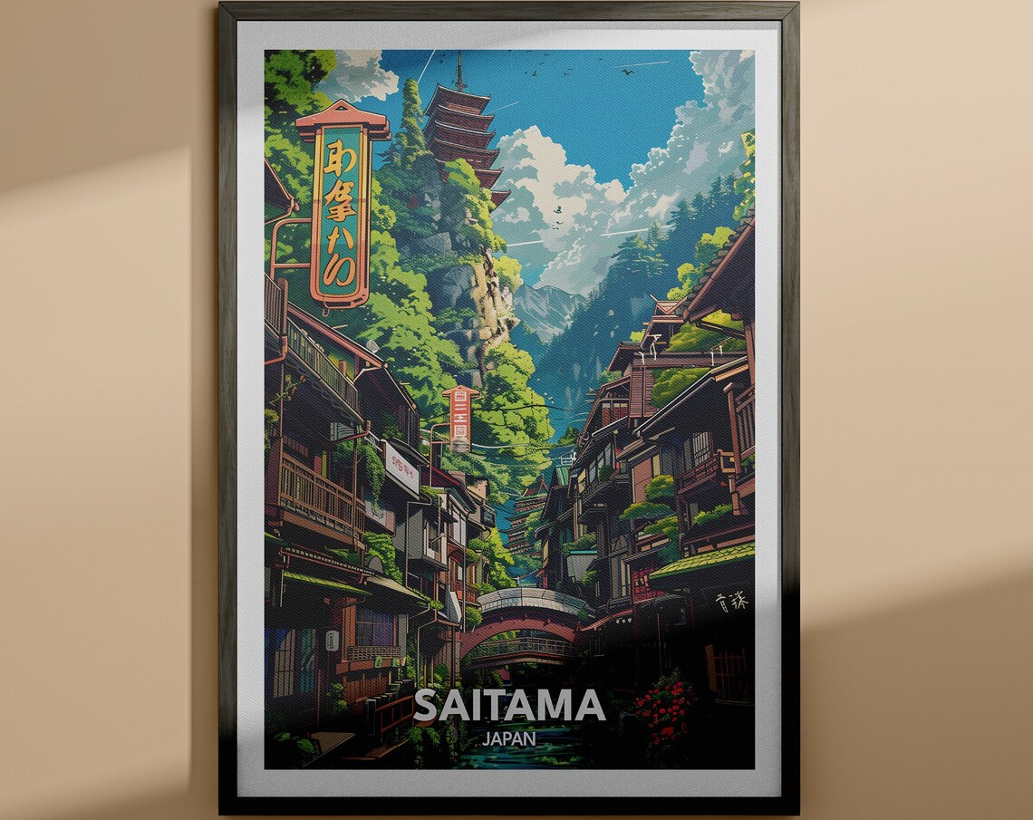 Retro Saitama Japan Anime Pagoda Mountain Town Landscape Art Wall Decor Poster