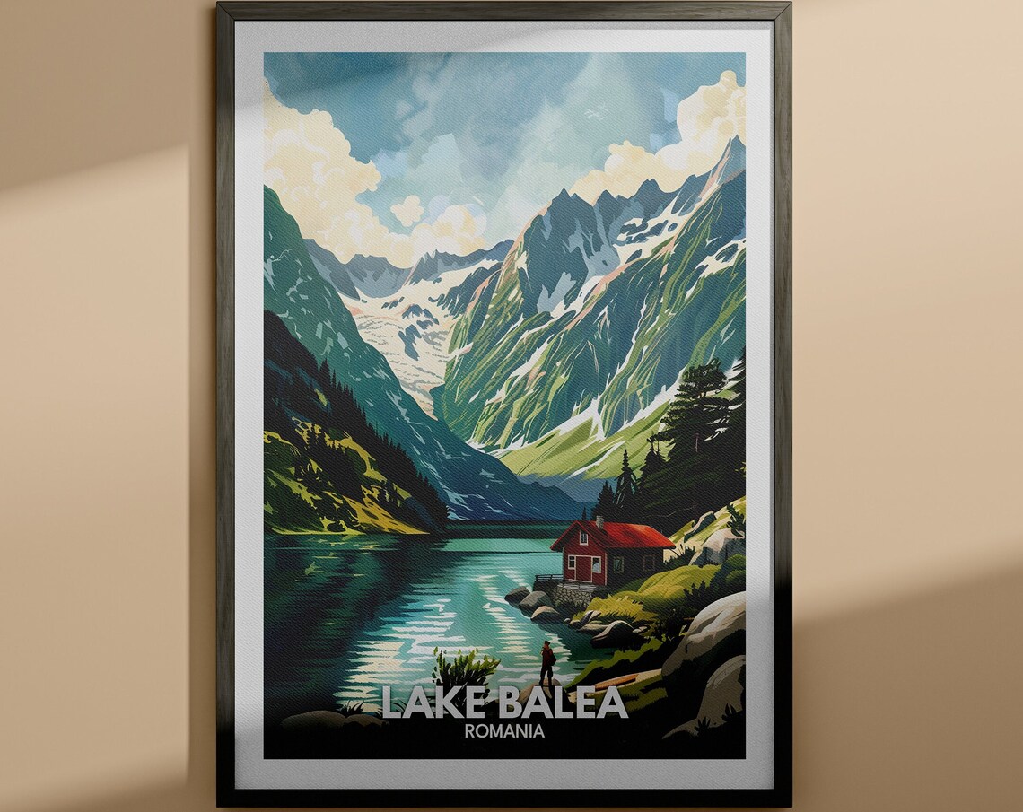 Lake Balea Romania Alpine Lake Red Wooden Cabin Travel Poster