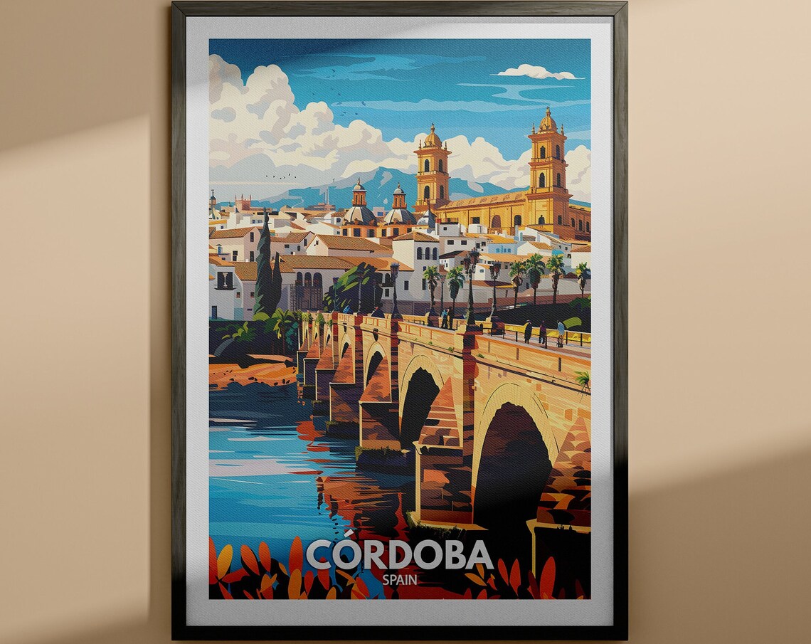 Cordoba Spain Roman Bridge Cathedral Old Town River View Travel Poster