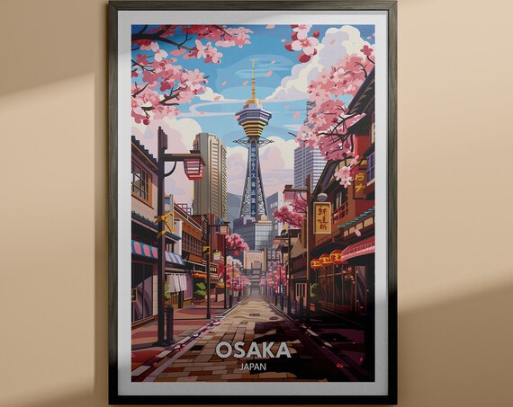 Osaka Japan Tsutenkaku Tower Sakura Street Travel Art Poster