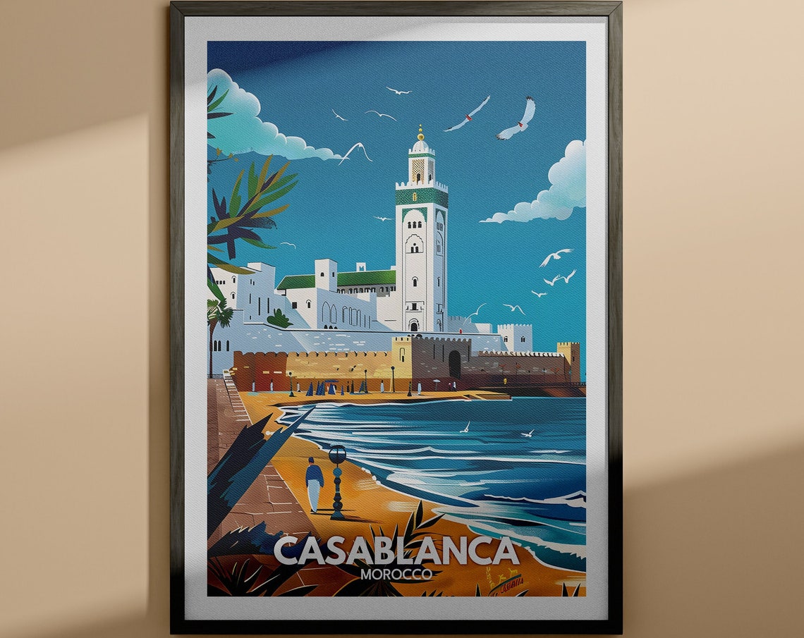Casablanca Morocco Hassan II Mosque Vintage Style Travel Poster