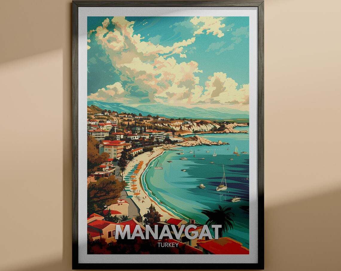 Manavgat Turkey Coastal Town Bay with Beach and Boats Travel Poster