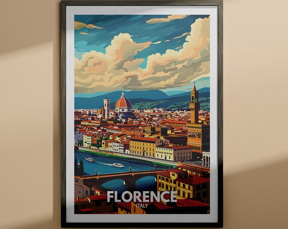 Florence Italy Travel Poster Duomo Arno River Sunset Cityscape