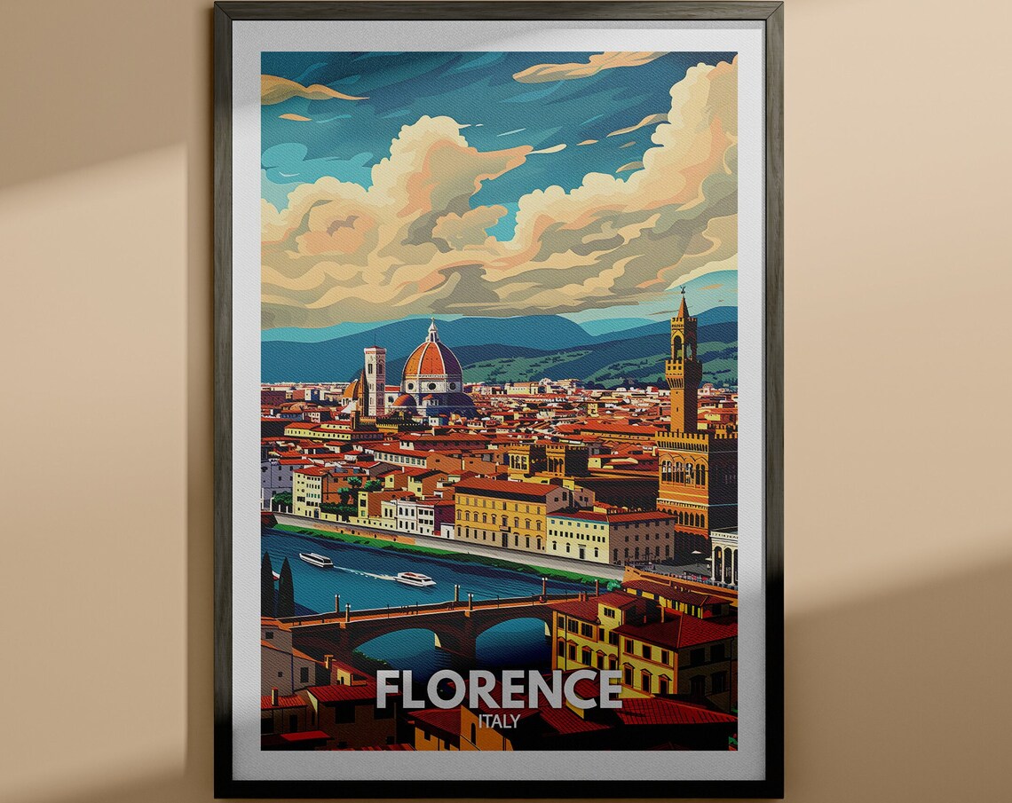 Florence Italy Travel Poster Duomo Arno River Sunset Cityscape