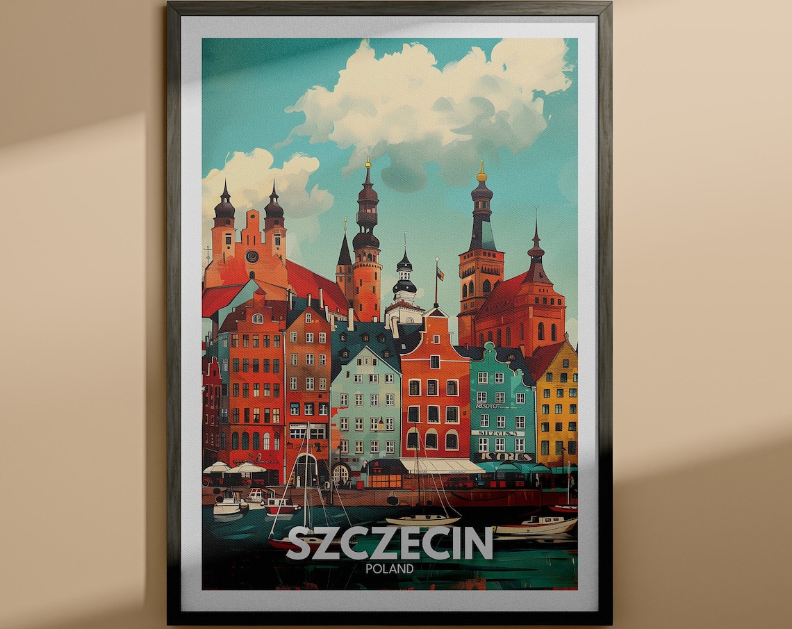 Szczecin Poland Old Town Harbor Castle Towers River Scene Poster