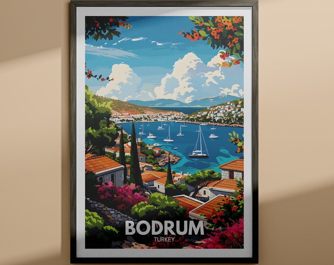 Bodrum Turkey Aegean Bay Sailboats Bougainvillea Travel Poster