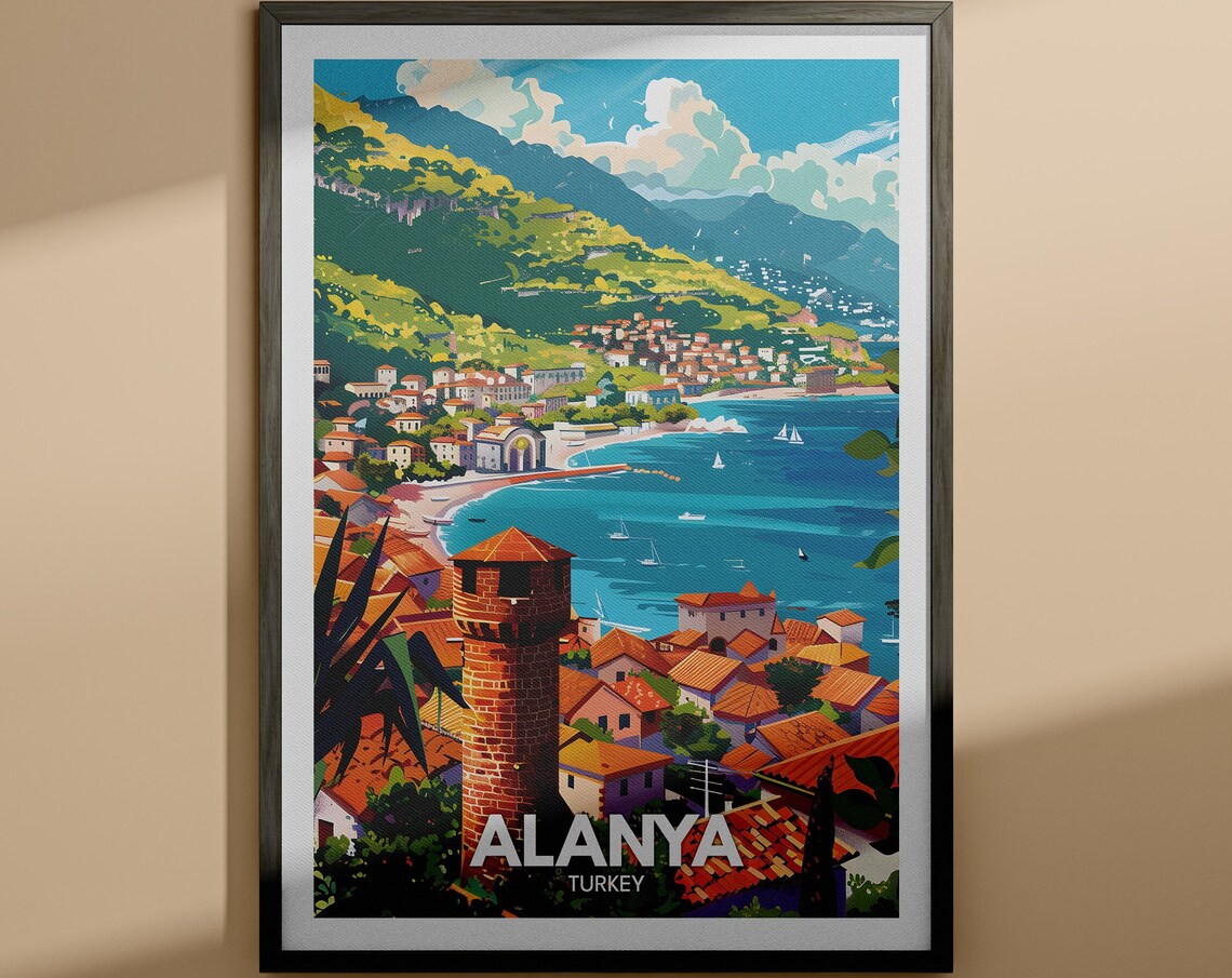 Alanya Turkey Coastal Town Beach Harbor Scene Travel Poster Art