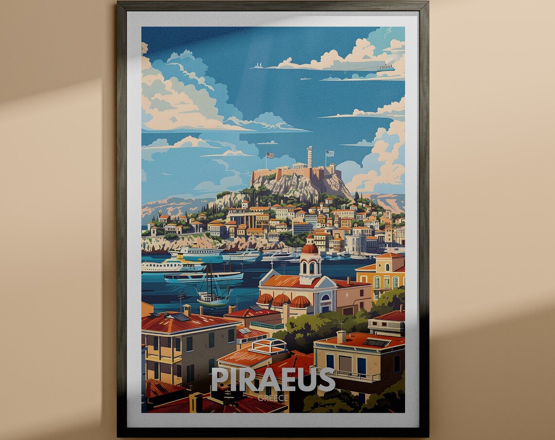 Piraeus Greece Harbor Hilltop Citadel Port View Travel Poster