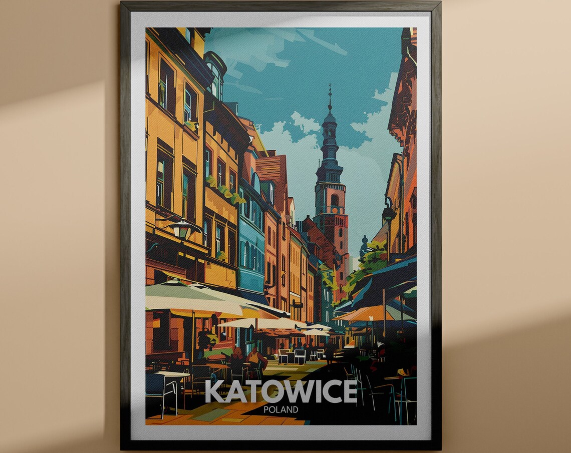 Katowice Poland Historic Old Town Street Vintage Travel Poster