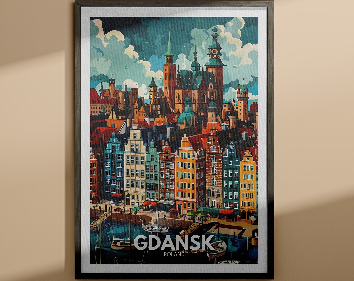 Gdansk Colorful Waterfront Old Town Harbor Poland Travel Poster