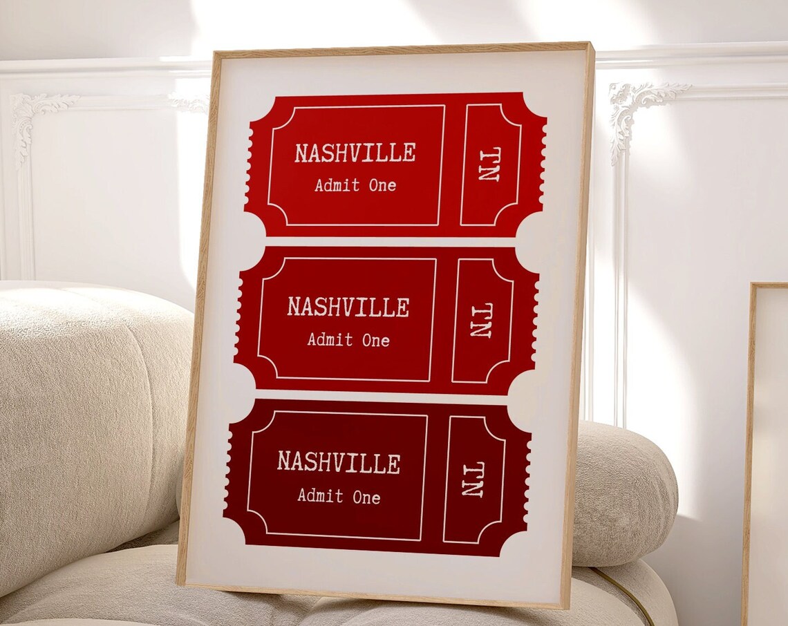 Nashville Tennessee Red Admit One Ticket Stub Wall Decor Poster - Image 3