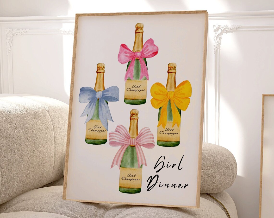 Girl Dinner Pink Champagne Bottles With Bows Watercolor Kitchen Poster