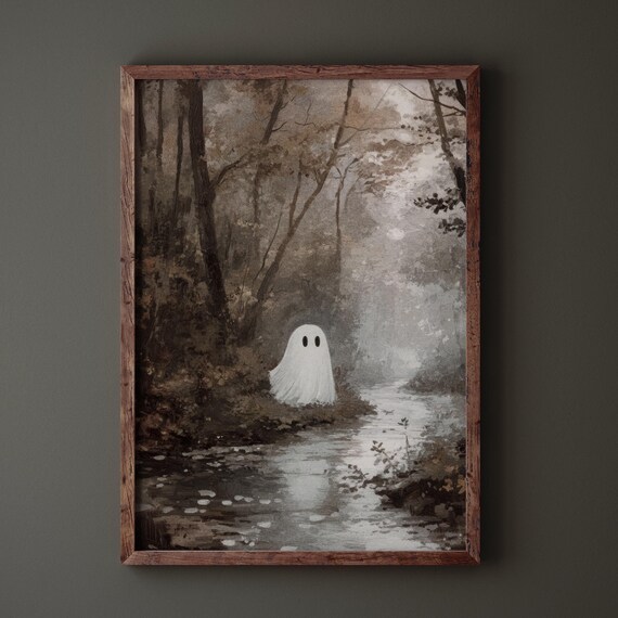 Cute Ghost Wall Art Halloween Print Vintage Autumn Decor Ghost Halloween Home Decor Cute Halloween Ghost Print Fall Art Forest Painting