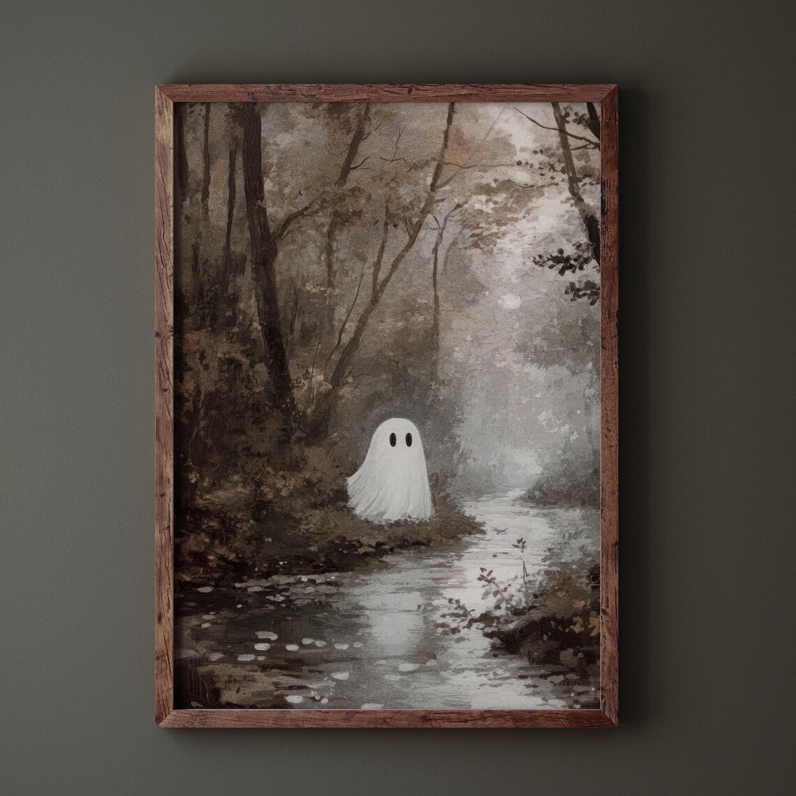 Cute Ghost by Misty Woodland Stream Vintage Fall Art Wall Poster