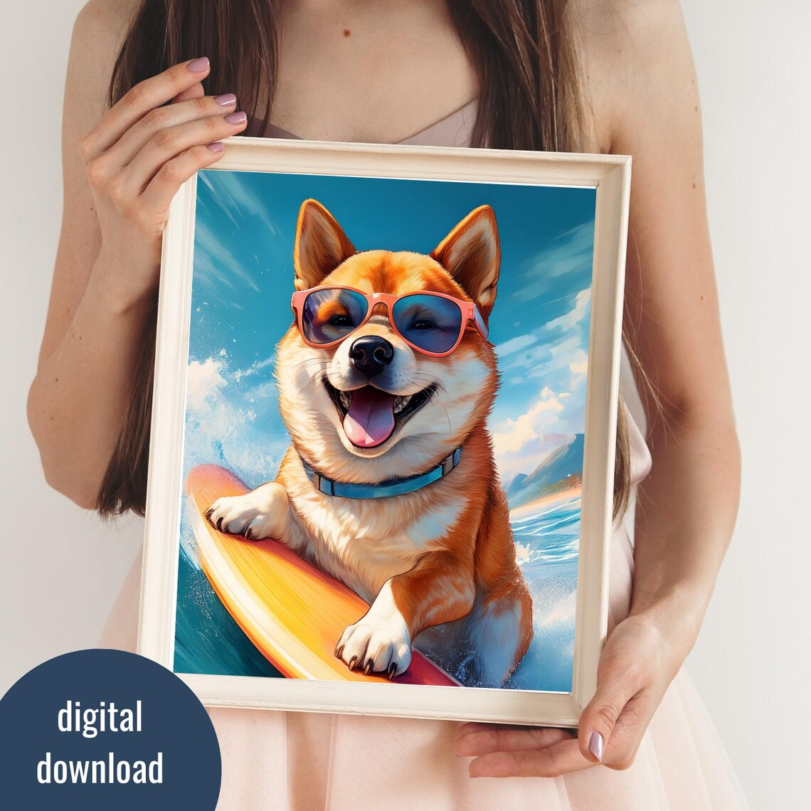 Happy Shiba Inu Surf Dog Coral Sunglasses Golden Sunset Beach Poster