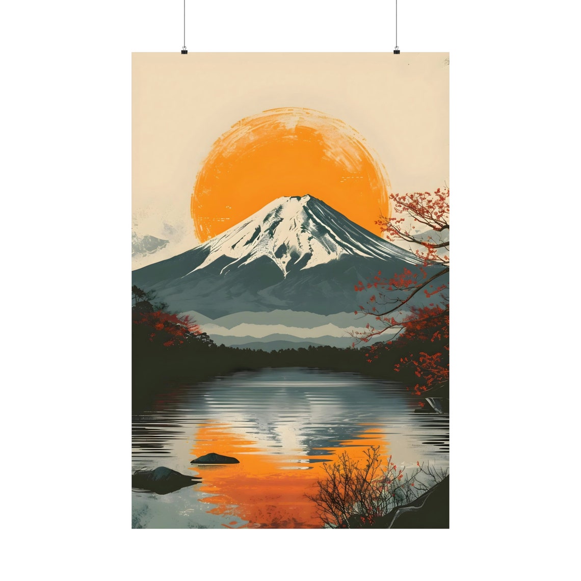 Mount Fuji Orange Sun Lake Reflection Autumn Japan Landscape Poster
