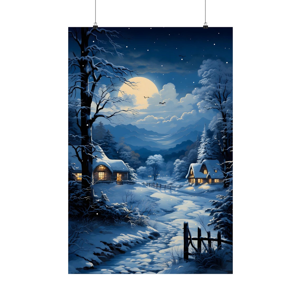 Moonlit Snowy Cabins Under Full Moon Starry Winter Night Poster