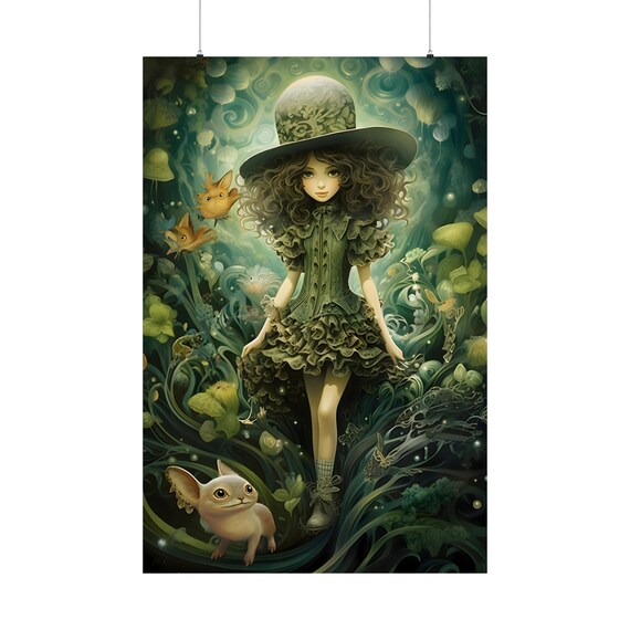 Cute Girl Leprechaun Poster 3 Whimsical Pet Dog Print Green Dress Woman Decor Gift For St Patricks Day Magic Room Wall Art Saint Decoration