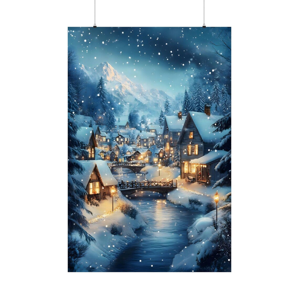 Snowy Village Christmas Winter Night Cozy Cabin Mountain Wall Art