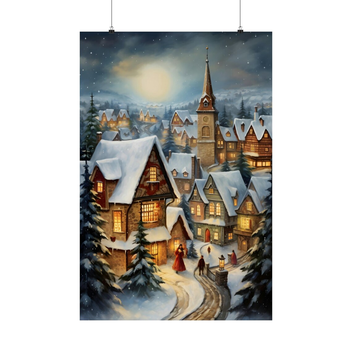 Snowy Christmas Town Street Glowing Cottages Clock Tower Poster