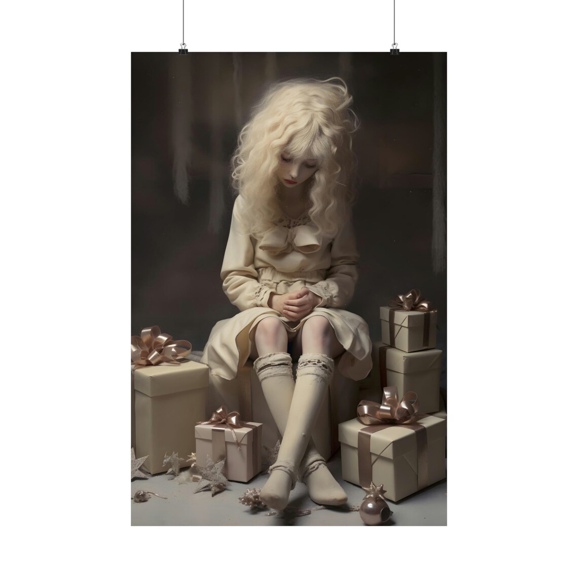 Melancholic Girl Beige Christmas Gifts Moody Holiday Art Poster